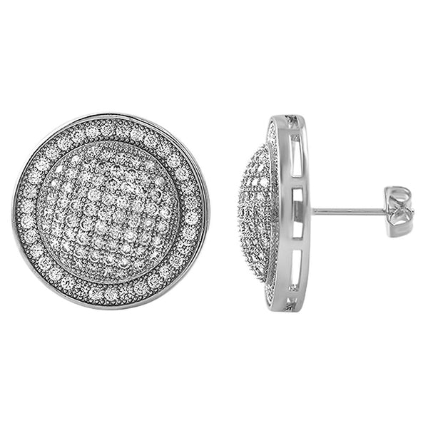 XL Domed Rhodium CZ Iced Out Earrings