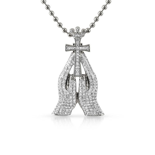 Christian Prayer Hands Cross Rhodium Mini Bling Pendant