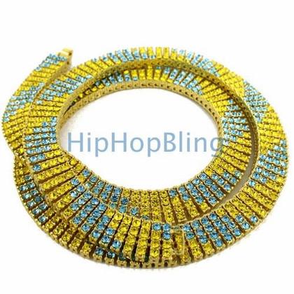 Yellow & Blue Candy Cane Gold 4 Row Bling Bling Necklace