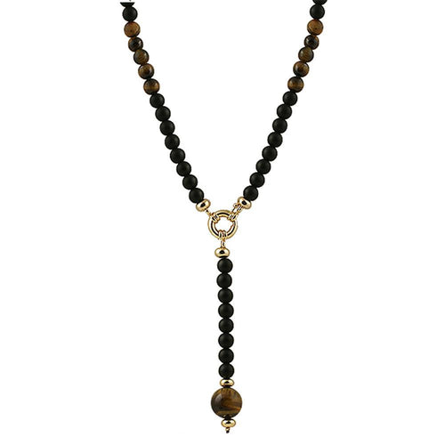 Tiger Eye Pendant Black Beads Rosary Chain Necklace