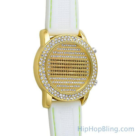 LED Digital Round Face Gold Bling Watch Black Band