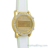 Gold LED Digital Round Face Bling Watch White Band