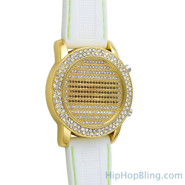 Gold LED Digital Round Face Bling Watch White Band