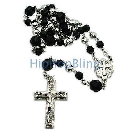 Black & Silver Crystal Beaded Rosary Necklace