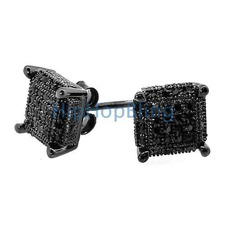 32 Stones Puffed Box Black CZ Micro Pave Earrings .925 Silver