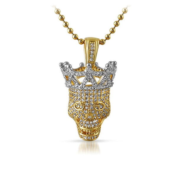 Full Bling 3D Hip Hop Skull Pendant Gold with Silver Crown