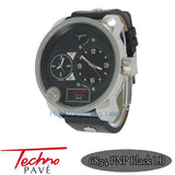 Dual Time Zone Silver Watch Black Leather Band