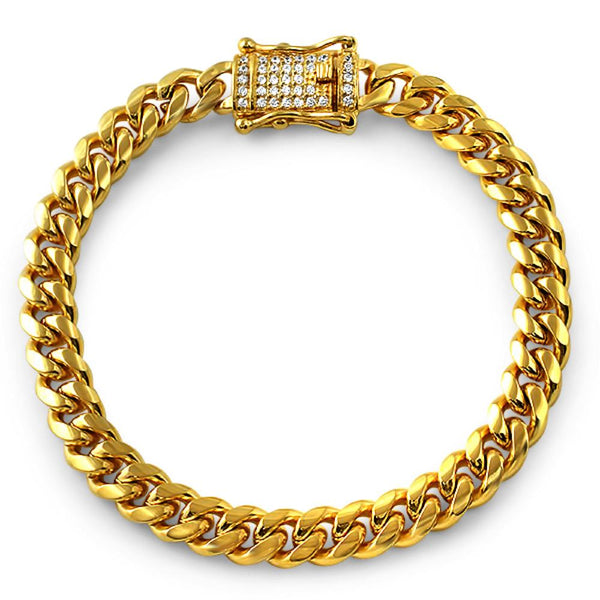 CZ Diamond Lock Gold Steel Cuban Bracelet 8MM