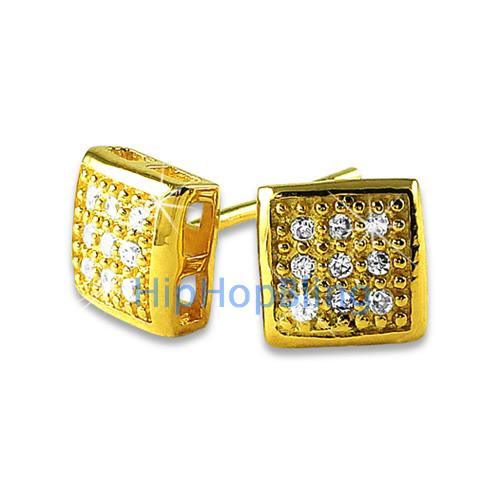 Small Puffed Box Gold Vermeil CZ Micro Pave Earrings .925 Silver