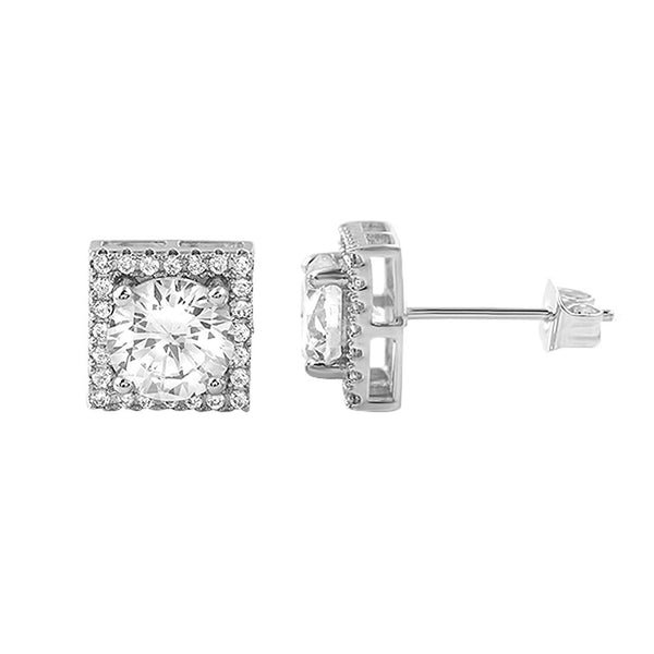 Square Halo Iced Out CZ Rhodium Earrings