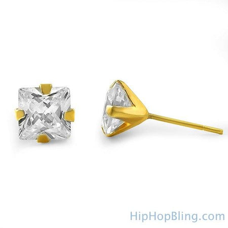 3D Smooth Box Gold CZ Micro Pave Bling Earrings