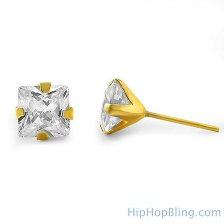 Puffed Box Medium Gold Vermeil CZ Micro Pave Earrings .925 Silver