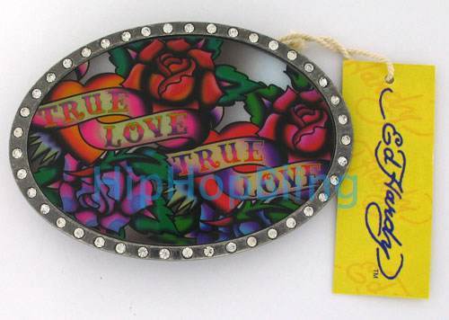 True Love Roses Silver Rhinestone Tattoo Ed Hardy Buckle