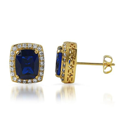 .925 Silver Gold Lab Sapphire Blue Gem Earrings