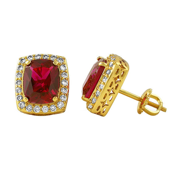 Rick Ross Style Lab Ruby Halo Gold Earrings