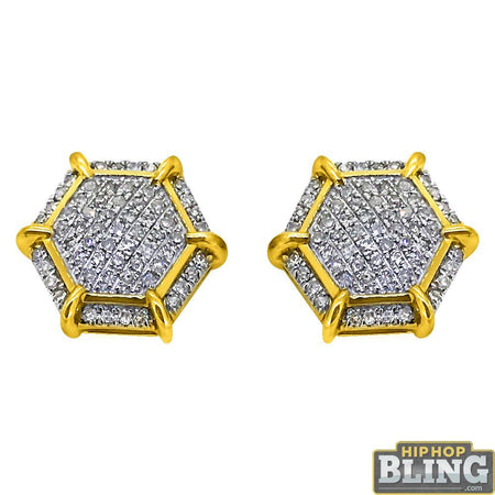 XL Rounded 3D Box Gold Micro Pave Bling Earrings