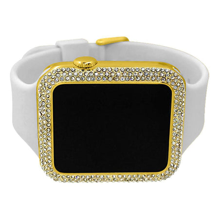 LED Digital Round Face Gold Bling Watch Black Band