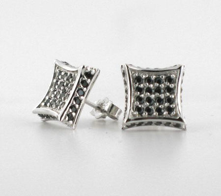 Large Puffed Box Black CZ Micro Pave Earrings .925 Silver