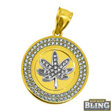 CZ Pot Leaf Weed 420 Micro Medallion Pendant 10K Yellow Gold