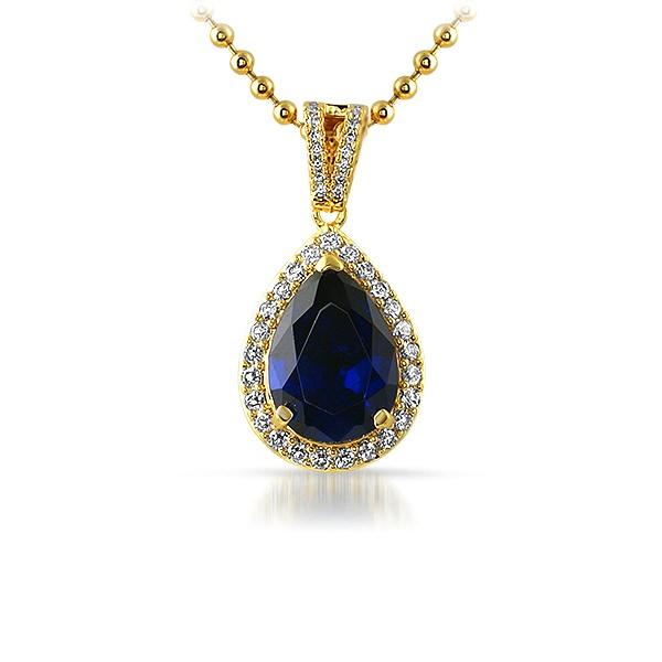 .925 Silver Blue Pear Cut Gem Iced Out Gold Pendant
