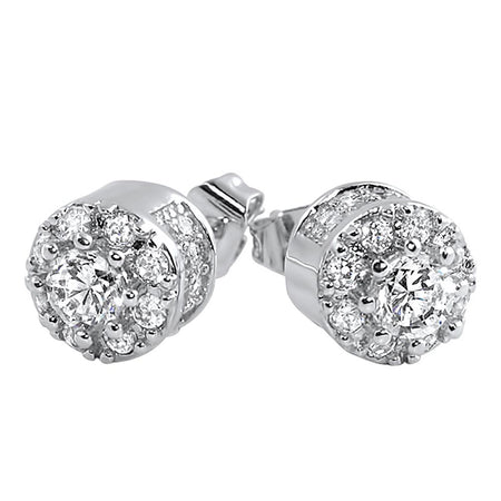 3D Square in Circle Rhodium CZ Bling Bling Earrings