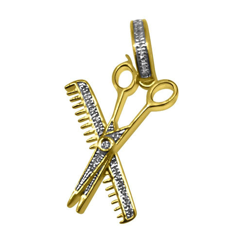 Barber Scissors & Comb .10cttw Diamond Hip Hop Pendant 10K Yellow Gold