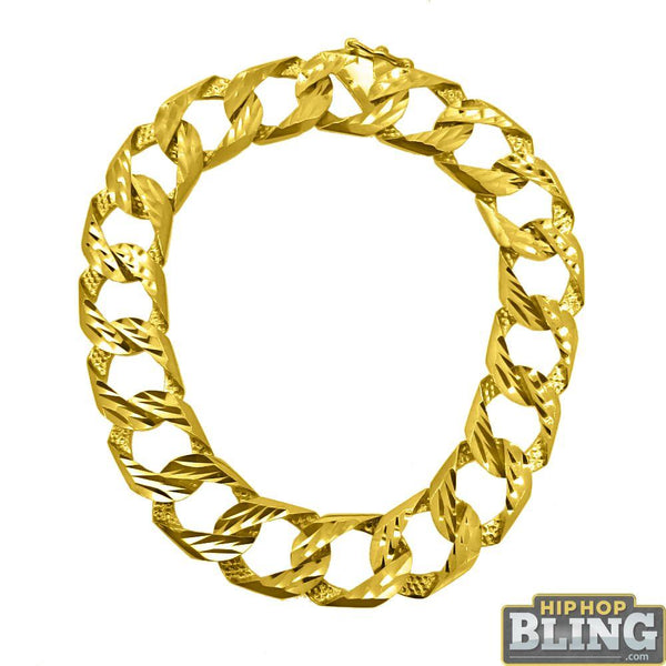 14MM Wide 10K Yellow Gold Diamond Cut Cuban Bracelet