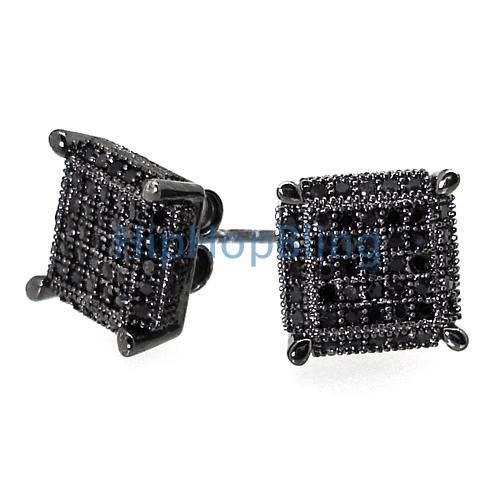 3D Cube Large Black CZ .925 Silver Micro Pave Earrings