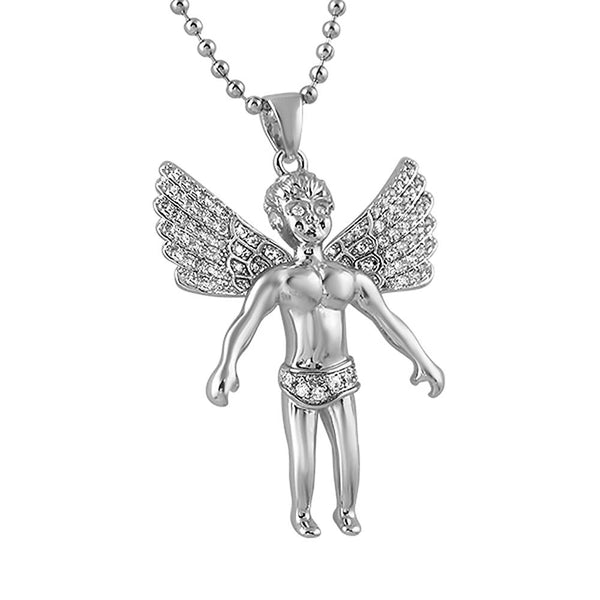 Cherub Angel Wings Spread CZ Rhodium Pendant