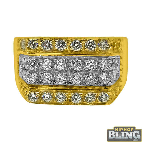 10K Yellow Gold CZ Ice Bars Bling Mens Ring