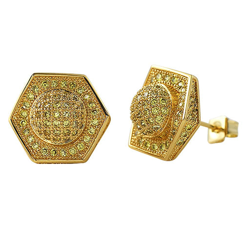 3D Domed Hexagon Lemonade CZ Hip Hop Earrings