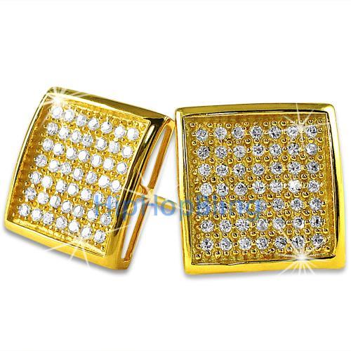 XL Deep Dish Box Gold Vermeil CZ Iced Out Micro Pave Earrings .925 Silver
