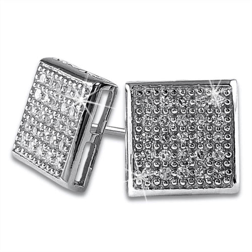 Medium Box CZ Micro Pave Bling Earrings .925 Silver