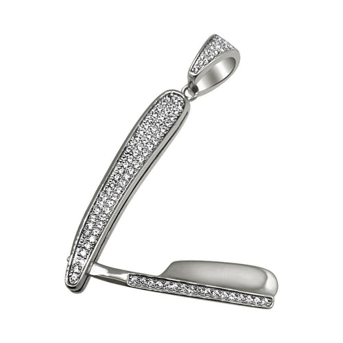 Rhodium Barber Razor CZ Bling Bling Pendant