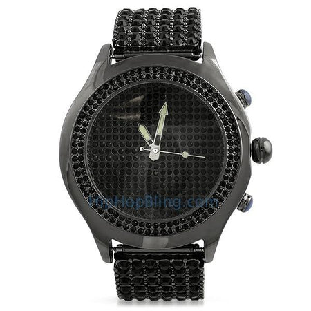 LED Digital Round Face Gold Bling Watch Black Band