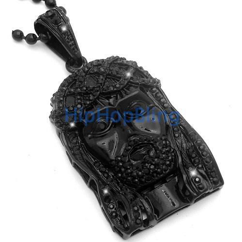 Black Jesus Piece Pendant & Rosary Chain Black Diamonds