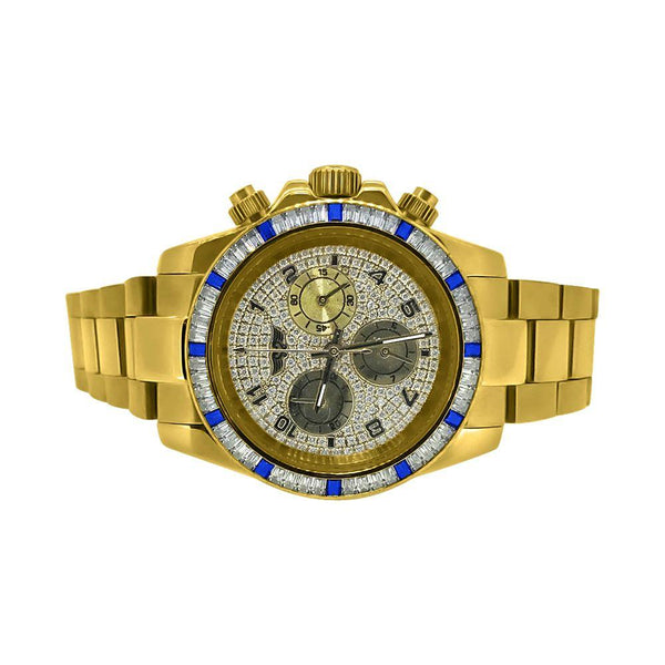 Gold Daytona Watch Blue White Baguette CZ Bezel