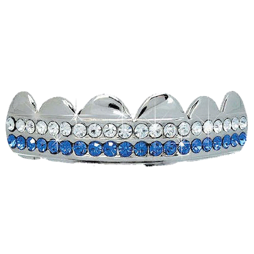 Blue / White Double Iced Out Grillz Silver TOP