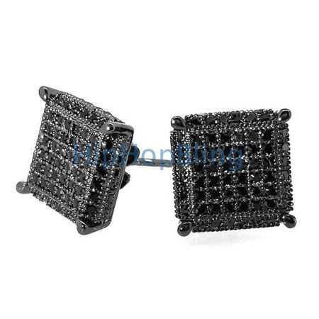 Large Box Black CZ Micro Pave Bling Earrings .925 Silver