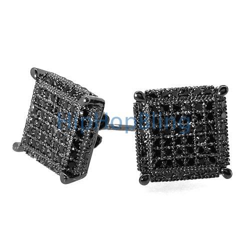 XL 3D Cube CZ Black .925 Silver Micropave Earrings