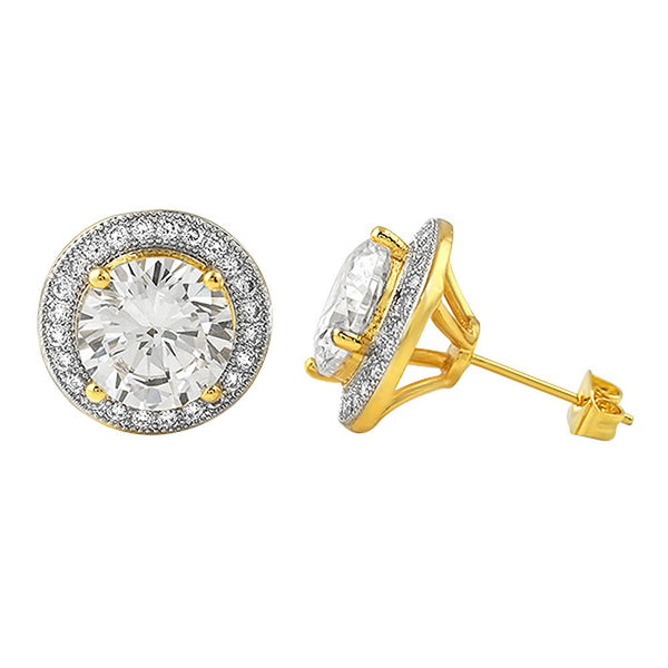 Gold XL Halo Solitaire Bling Bling CZ Earrings