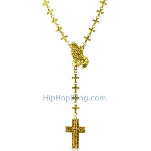 Bling Cross Links Lemonade Praying Hands Rosary Necklace