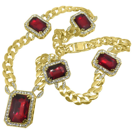 Rectangle Red Gem Pendant Tennis Chain Set Special