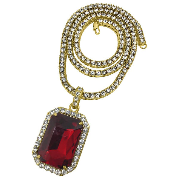 Rectangle Red Gem Pendant Tennis Chain Set Special