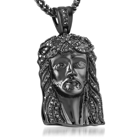 Black Jesus Piece Pendant & Rosary Chain Black Diamonds