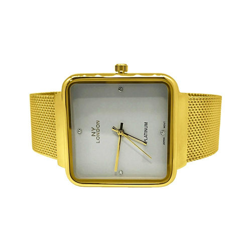 Gold with White Dial Square Mesh Band Watch