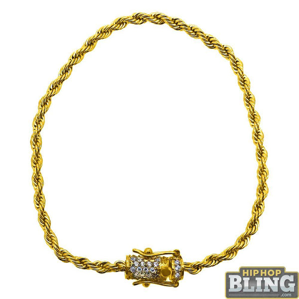 CZ Diamond Lock 3MM Gold Rope Bracelet
