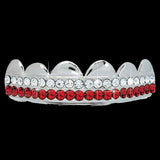 RED / CLEAR Double Bar SILVER Iced Out Grillz Hip Hop Bling Grills TOP