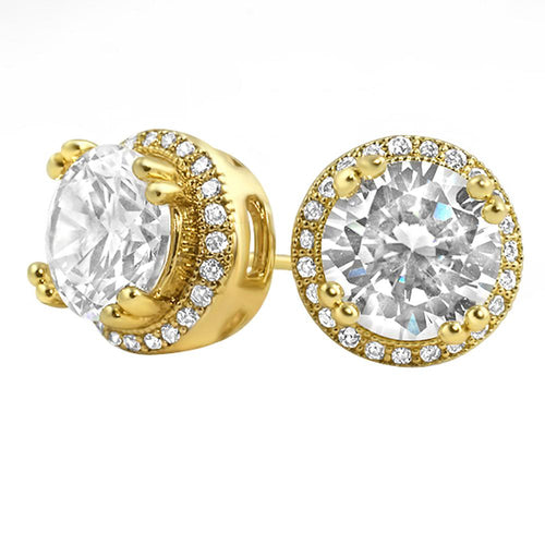 Pave Ice Border Gold CZ Solitaire Bling Bling Earrings