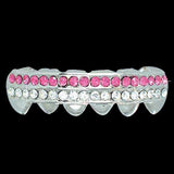 PINK / CLEAR Double Bar SILVER Iced Out Grillz Hip Hop Bling Grills BOTTOM